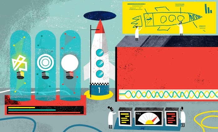 An illustration of a messy laboratory. There are light bulbs in glass tanks, a schematic of a rocket with the fidelity of a child's drawing, and an actual rocket. Two scientists are operating a control panel.