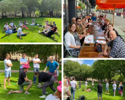 4 photos of CXPartners playing games outdoors and socialising in the summer sun.