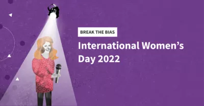 Break the bias. International Women's Day 2022. Illustration of a woman holding a microphone with a spotlight on her.