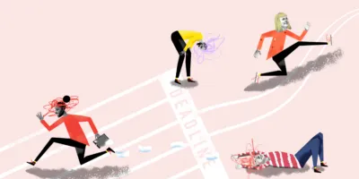 Illustration of people on a running track running towards the 'deadline'. One person is far ahead of the others, and has ran past the 'deadline'.