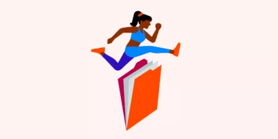 Illustration of a woman jumping over a file full of paper.