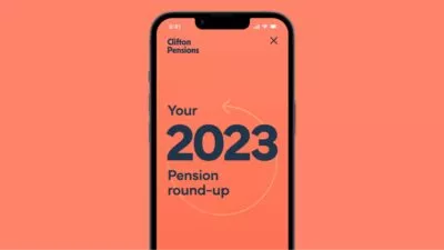 A mocked up graphic of an iphone showing 'Your 2023 pension round up', similar to Spotify's tailored yearly round up of music
