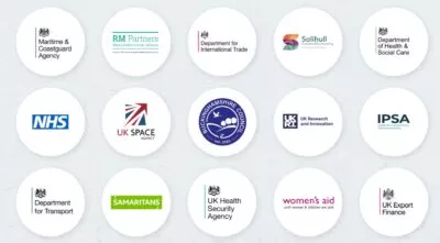 Logos of organisations cxpartners have worked with: Maritime & Coastguard Agency; RM Partners; Dept for International Trade; Solihull community housing; Dept of health and social care; NHS; UK Space Agency; Buckinghamshire Council; UK Research & Innovation; IPSA; Dept for Transport; Samaritons; UK Health Security Agency; Women's Aid; UK Export Finance.
