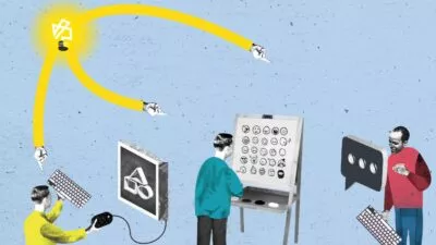 A graphic image on a pale blue background. It has lightbulb with 3 hands pointing down to people working on computers and drawing on a whiteboard
