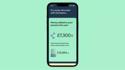 A mocked up graphic showing an iphone saying 'Hi Louise, let's start with the basics... Money added to your pension this year: £7,300.11. That means the total value of your pension plan is now £10,964.08
