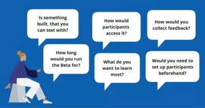 Illustration of a woman with speech bubbles saying “Is something built, that you can test with?”, “How would participants access it?”, “How would you collect feedback?”, “How long would you run the Beta for?”, “What do you want to learn most?”, “Would you need to set up participants beforehand?”.