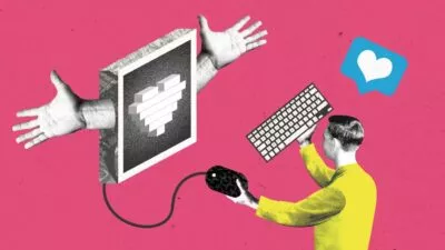 Illustration of a man looking at a computer with a heart on the screen. The background is pink