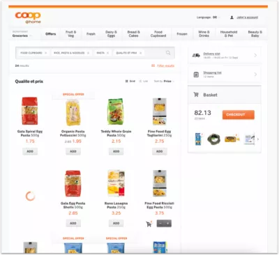 Screenshot of the coop @ home online grocery website showing a shopping basket with different food items.