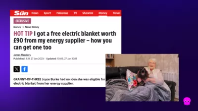Screenshot of a news article about free electric blankets from Octopus Energy.