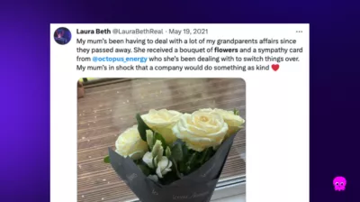 Screenshot of a tweet about Octopus energy sending flowers to a customer.