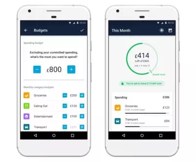 Two phone screens from the Monzo app: Screen 1 is setting a spending budget. Screen 2 shows how much money is left of the budget