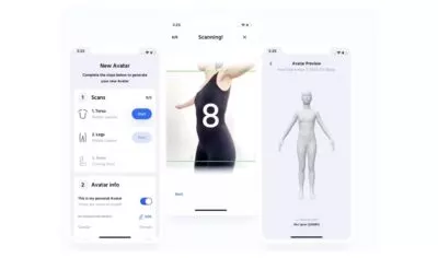 Screen grabs of the body scanning app TruetoForm, showing a woman with arms raised whilst it scans her body