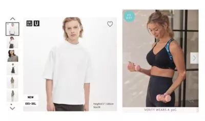 Screengrab from Uniqlo that shows a male model wearing a white T shirt, and their height and what size they're wearing. Another screengrab from Bravissimo shows a female model wearing a black bra with what size she's wearing.