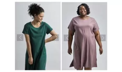 Screengrab from Jamie + the Jones showing a dress in green on a slim model and the same dress in pink on a plus-size model