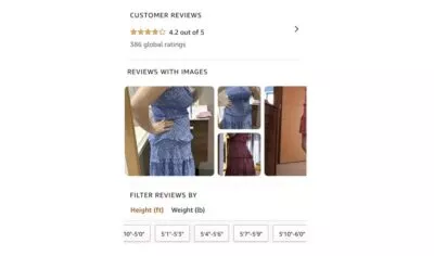 Screengrab from Amazon showing a customer's photos of them in a blue dress they are reviewing.