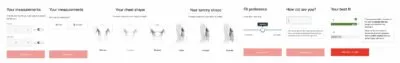 Image showing the 7 steps users must go through when using FitFinder - height, weight, gender, chest shape, tummy shape, fit preference, age.