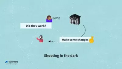 An illustration titled 'Shooting in the dark'. It says 'Make some changes' with a 'fingers crossed emoji', pointing to someone saying 'did they work?'. Pointing to someone shrugging with 'NPS? written next to them.