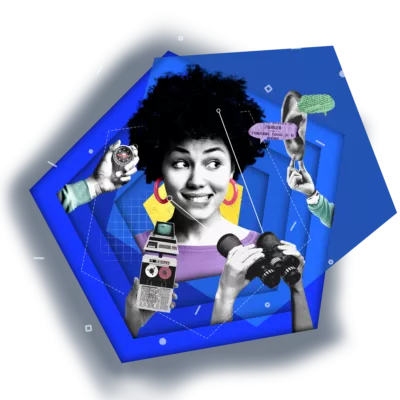 A mixed media graphic with a woman's head in the centre. Surrounding her is a compass, an ear, a pair of binoculars and a recording device. The image shows that she is being listened to.