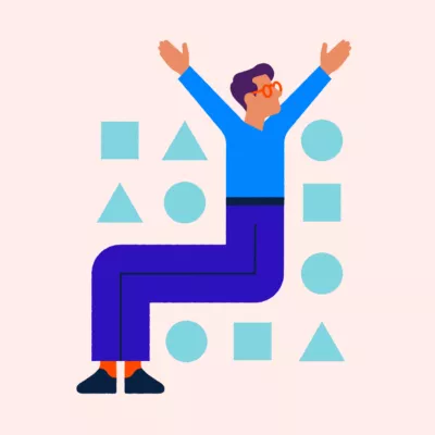 Illustration of a person with extra long legs that are bending in different directions. The person is surrounded by squares, circles and triangles.