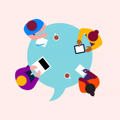 Illustration of four people sat around a table with a laptop, a tablet and paper and pens in front of them.