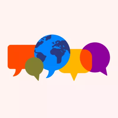 Speech bubbles in various shapes, sizes and colours. In the middle, there is a speech bubble that contains a map of the world.