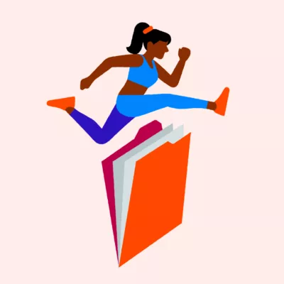Illustration of a woman jumping over a file full of paper.