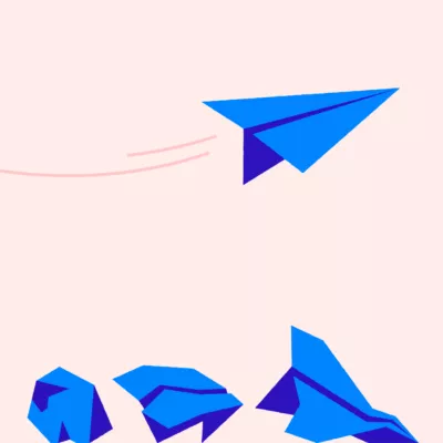 Illustration of a paper airplane flying. Underneath it there are three crumpled paper airplanes that have crashed on the floor.