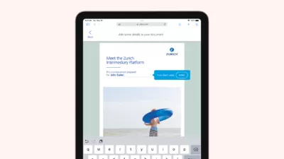 Screenshot of an employee tool we created for Zurich. The screen reads 'Meet the Zurich Intermediary Platform. This is a document prepared for John Swiss'.