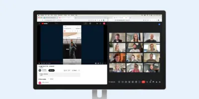 Image of a computer interface. On one side is a YouTube video showing a screen recording. On the other side is a panel of people watching.