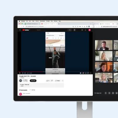 Image of a computer interface. On one side is a YouTube video showing a screen recording. On the other side is a panel of people watching.