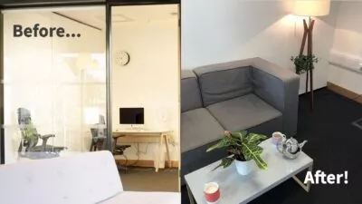 Photo of the research set up before and after. Before - a room with desk, computer, office chairs. After - the room has a sofa, soft lighting, a coffee table with a plant, tea and teapot on it.