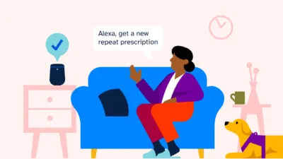 Woman sat on a sofa next to an Alexa speaker saying 'Alexa, get a new repeat prescription'