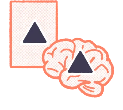 Outline of a brain with a triangle inside of it, next to a rectangle with a triangle inside of it.