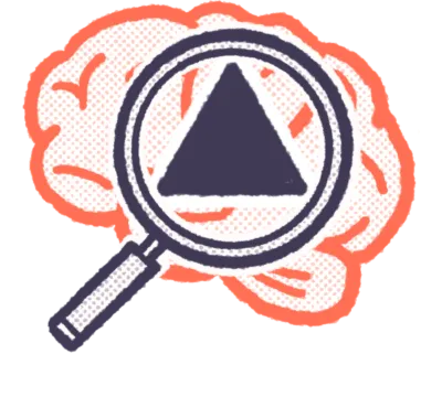 Drawing of a brain with a magnifying glass over the top of it with a triangle inside