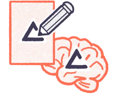 Drawing of a brain with a triangle inside of it, next to a rectangle with a triangle and pencil inside of it